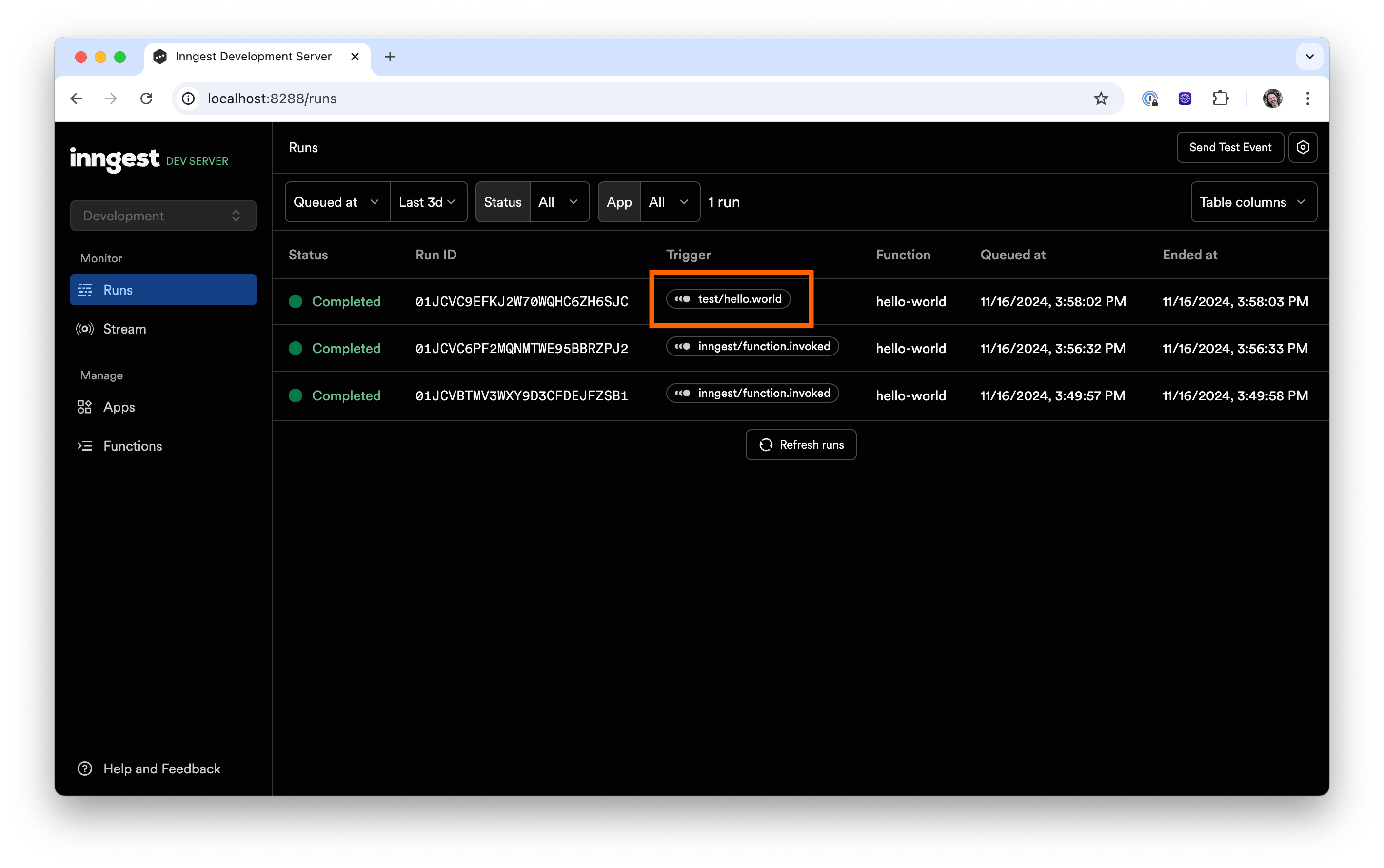 Inngest Dev Server web interface's runs tab with a third run triggered by the 'test/hello.world' event